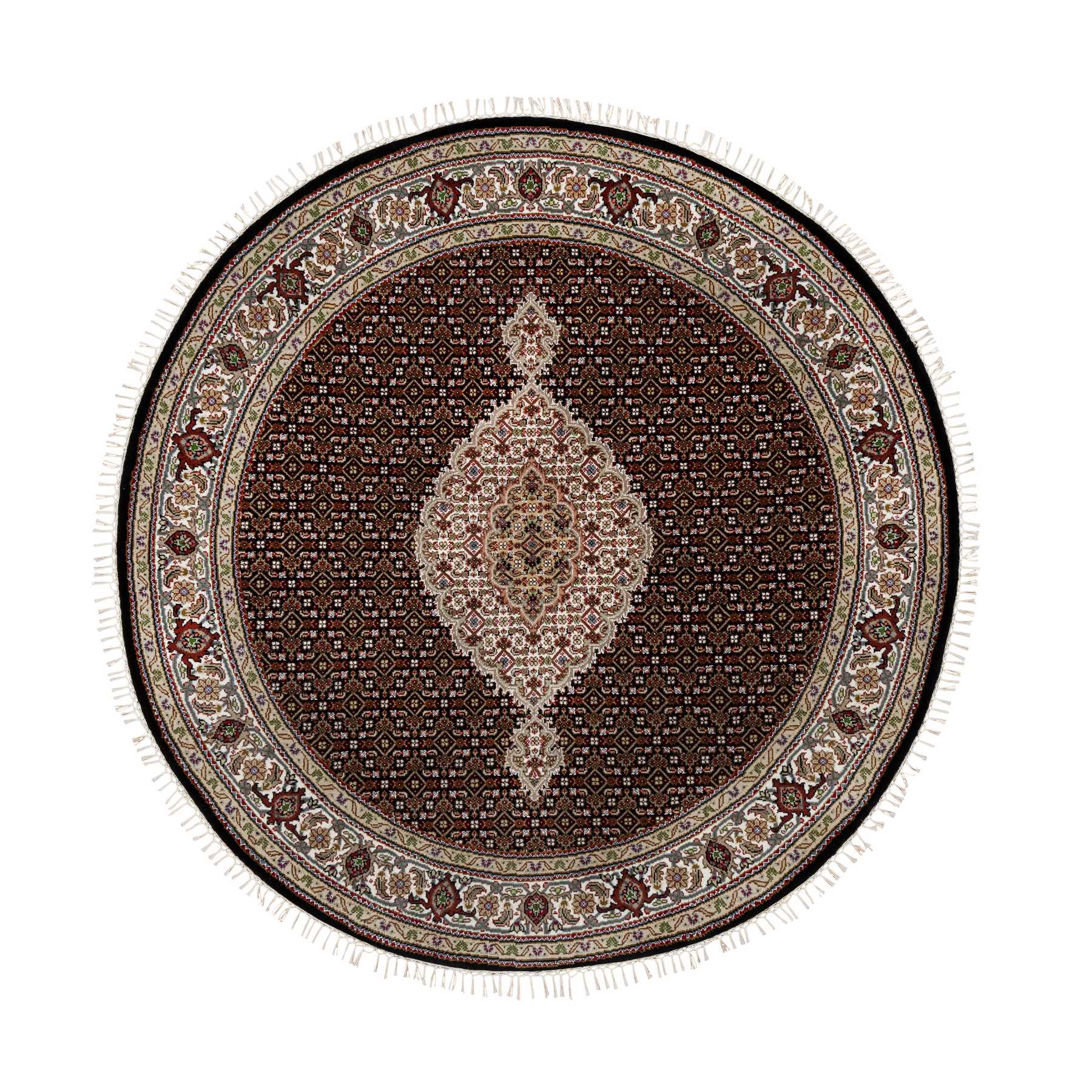 6'x6' Rich Black, Hand Knotted, Tabriz Mahi with Fish Medallion Design, 175 KPSI, Pure Wool, Round, Oriental Rug